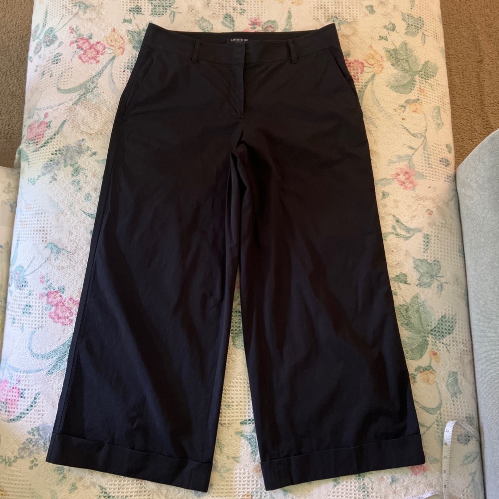 Lafayette 148 New York Black Wide Leg Cropped Cuffed Pants Trousers 6 FAB#8173